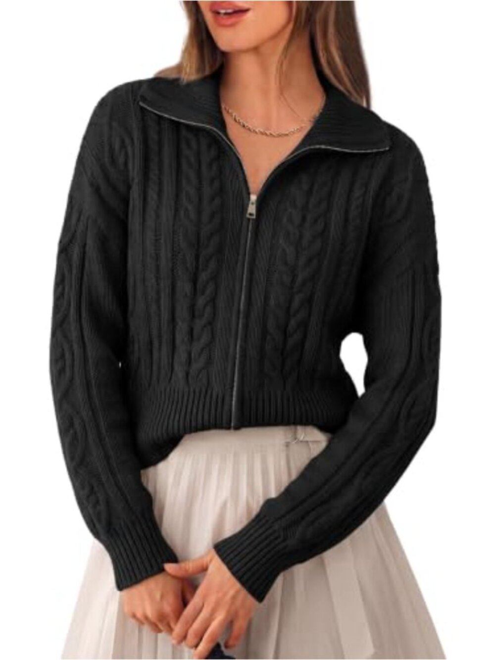Cable Knit Cropped Cardigan Zip Up Matern